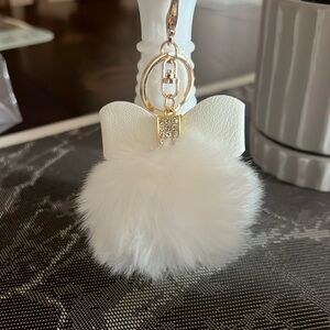 New! White Pom bag charm keychain with bling bow